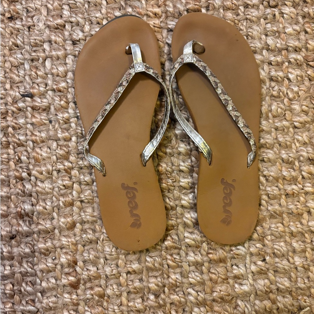 Reef Metallic Snake-Print Strap Tan Footbed Sandals